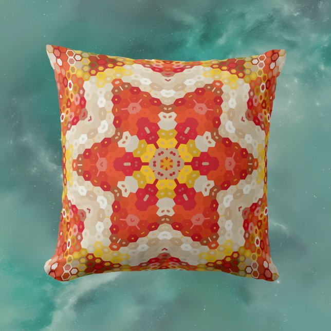 Hex Mandala rood en geel Kussen (Creator heeft geüpload)