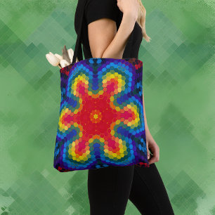 Hex Mandala rood geel en blauw Draagtas