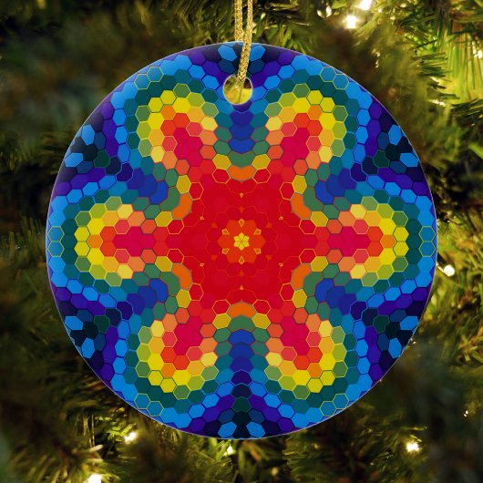 Hex Mandala rood geel en blauw Keramisch Ornament