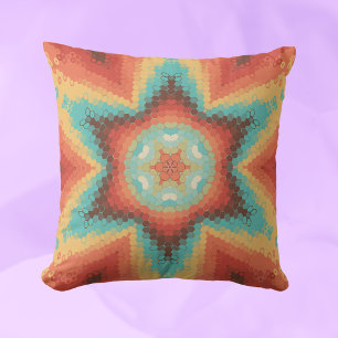 Hex Mandala Sinaasappel blauw en geel Kussen