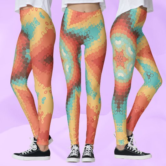 Hex Mandala Sinaasappel blauw en geel Leggings