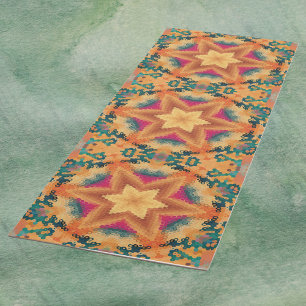 Hex Mandala Sinaasappel blauw en roze Yogamat