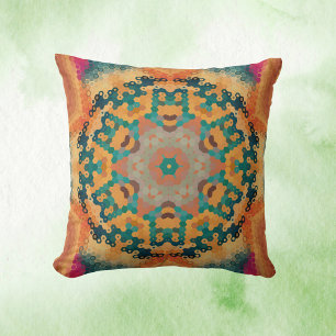 Hex Mandala Sinaasappel en blauw Kussen