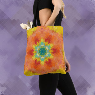 Hex Mandala Sinaasappel geel rood en blauw Draagtas