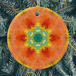 Hex Mandala Sinaasappel geel rood en blauw Keramisch Ornament