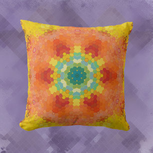 Hex Mandala Sinaasappel geel rood en blauw Kussen