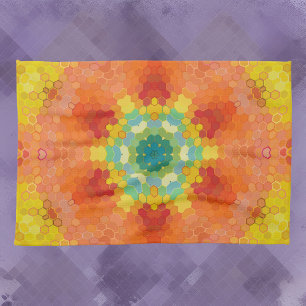 Hex Mandala Sinaasappel geel rood en blauw Theedoek