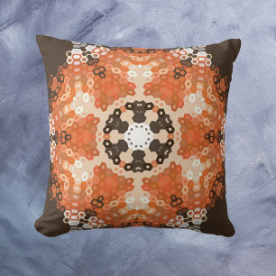 Hex Mandala Sinaasappel wit en bruin Kussen