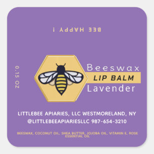 HEXAGON Bijenwas Lavendel LIPPENBALSEM met BIJ Vierkante Sticker