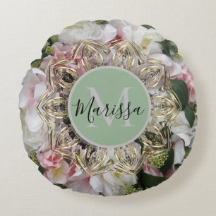 Hexagon d'or floral Mandala Monogramme Coussin ron