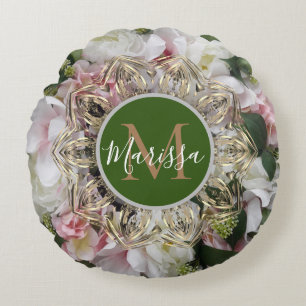 Hexagon d'or floral Mandala Monogramme Coussin ron