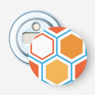Hexagon in oranje, blue and white button flesopener