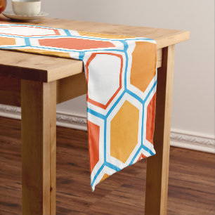 Hexagon in oranje, blue and white korte tafelloper