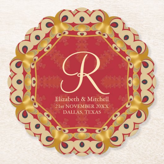 Hexagon Liefde Rood Goud Monogram Aangepaste Namen Kartonnen Onderzetters (Voorkant)