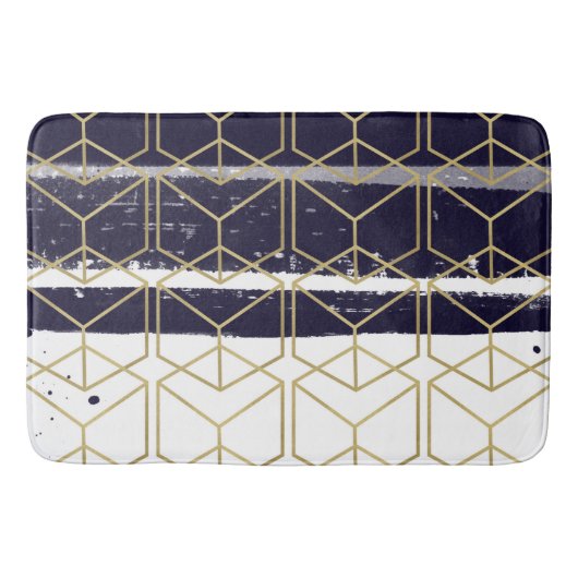 Hexagon Modern Navy Blue Gold Geometric Glam Badmat (Voorkant)