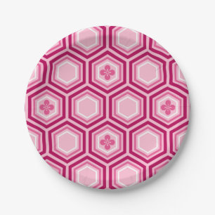 Hexagonal Kimono Print, Bourgogne en Roze Papieren Bordje