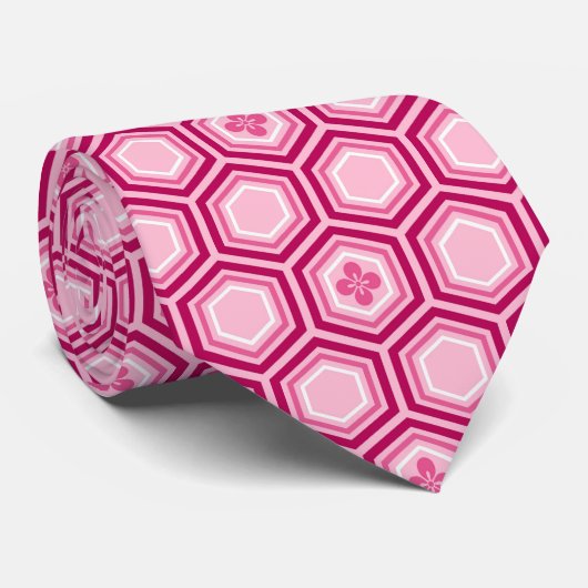 Hexagonal Kimono Print, Bourgogne en Roze Stropdas (Opgerold)