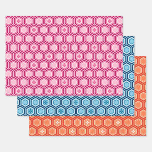 Hexagonal Kimono Print, Roze, Blauw, Oranje Inpakpapier Vel