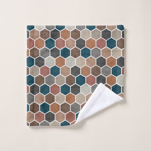Hexagonal Textile Motif Bleu Brown Gris (Gant de toilette)