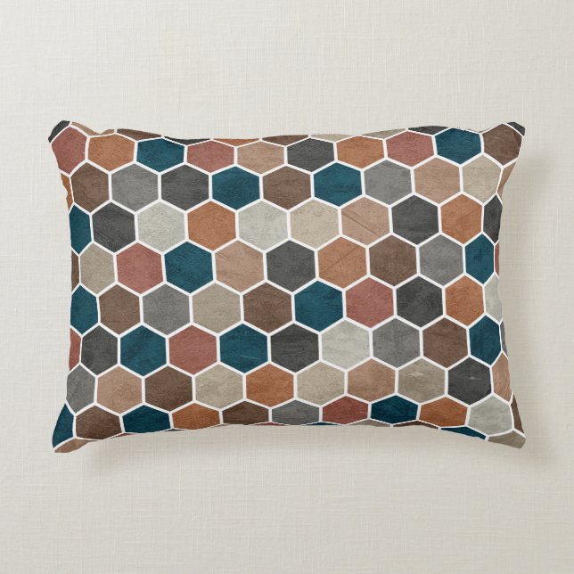 Hexagonal Textured Pattern Blue Brown Grey Accent Kussen (Voorkant)
