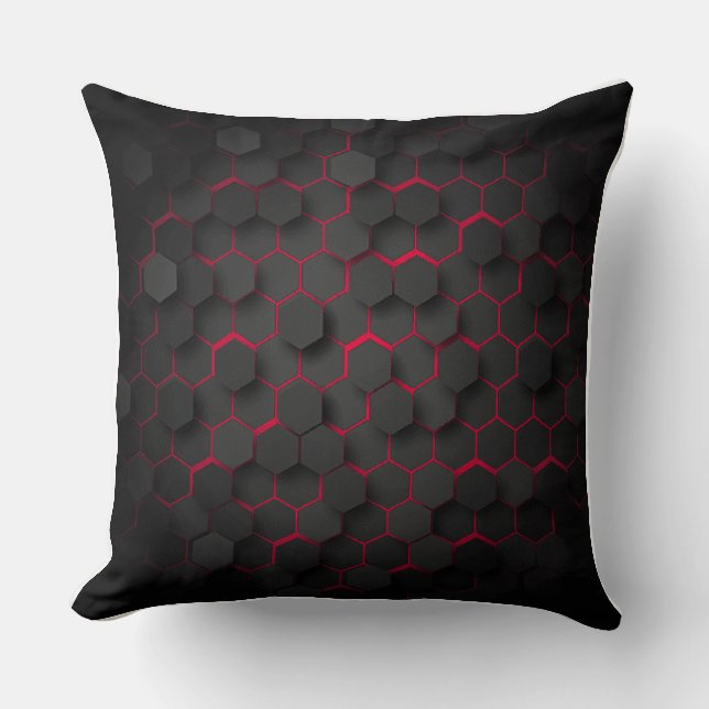 Hexagonale Harmonie Vet Zwart en Rood Polyester Kussen (Voorkant)