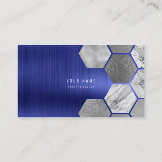 Hexagone Cobalt Sapphire Metallic Steel Marmer Visitekaartje (Voorkant)