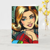 Hey Bestie, Retro Pop Kunst Comic Shopping Girl Kaart (Gele Bloem)