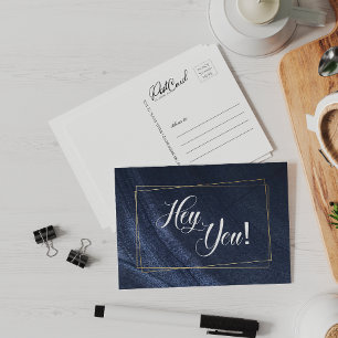 Hey! Blauwe denim Gold Fun Zeg hallo Briefkaart