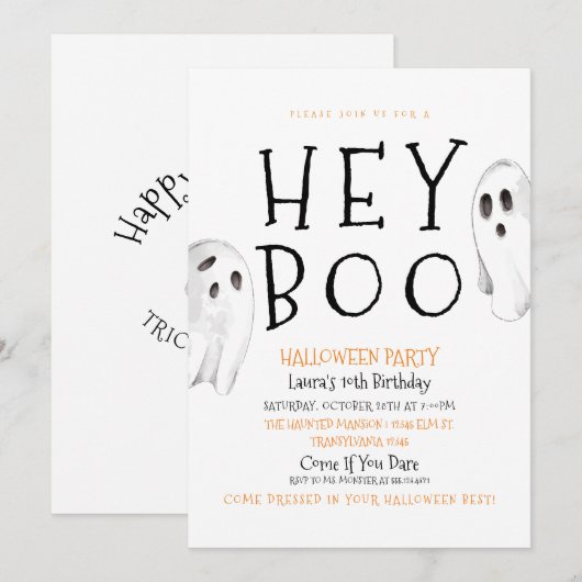 Hey Boo, Cute Ghost Halloween Uitnodiging (Voorkant / Achterkant)