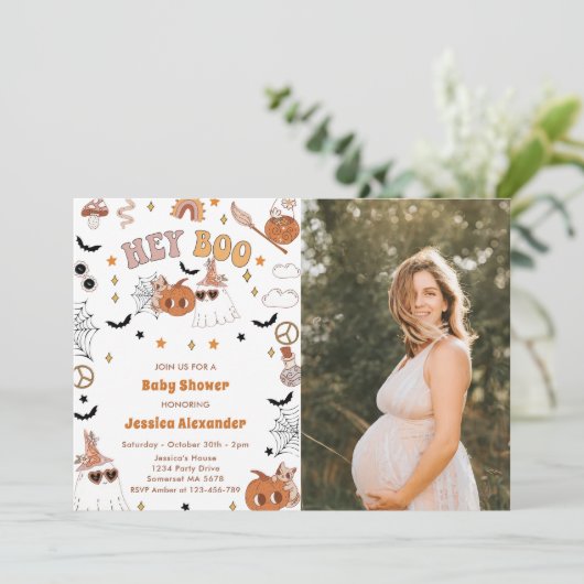 Hey Boo Groovy Halloween Leuke Ghost Baby shower Kaart (Staand voorkant)