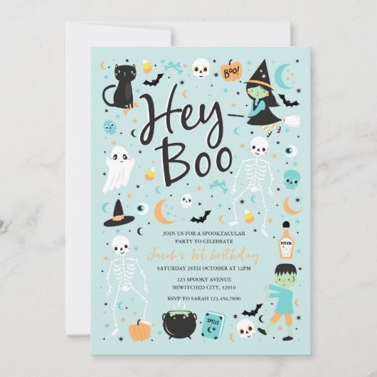Hey Boo Halloween 1e verjaardag uitnodiging (Voorkant)