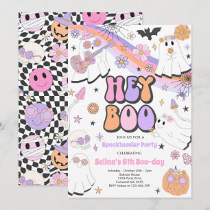 Hey Boo Halloween Groovy Cute Ghost Birthday Party Kaart