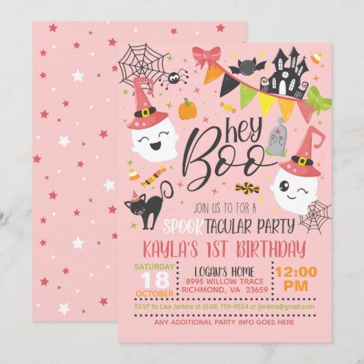 Hey Boo Halloween Invitation Anniversaire - Rose (Devant / Derrière)