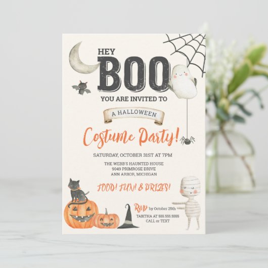 Hey BOO Kid Friendly Halloween Kostuumfeest Kaart (Staand voorkant)