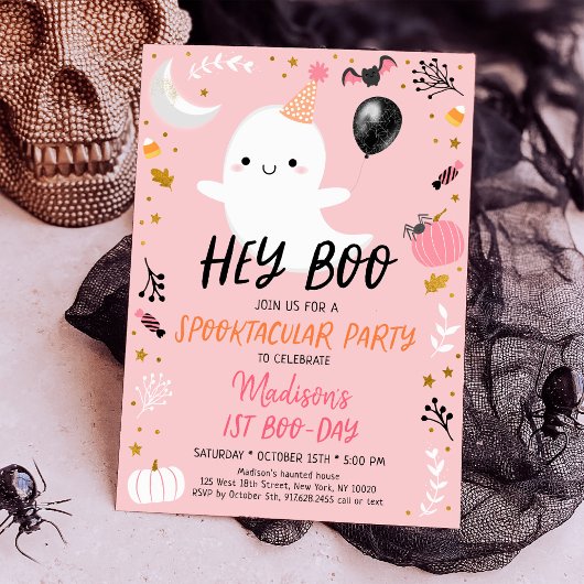 Hey Boo Pink Ghost Halloween Birthday Kaart