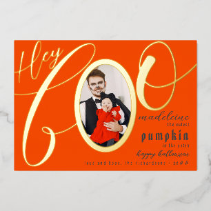 Hey Boo Sinaasappel Halloween gouden belettering B Folie Feestdagenkaart