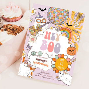Hey Boo Spooky Retro Halloween Party Meisje Verjaa Kaart
