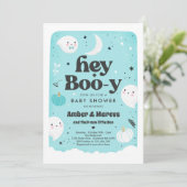 Hey Boo-y Blue Boy Ghost Baby shower Kaart (Staand voorkant)