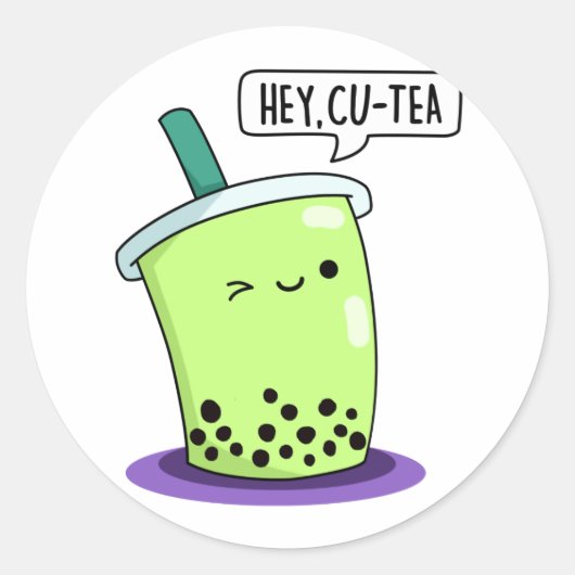Hey Cu-Tea Funny Boba Tea Pun Ronde Sticker (Voorkant)