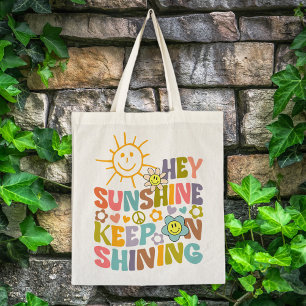Hey Sunshine, Trendy Flowers Retro Vegan Tote Bag