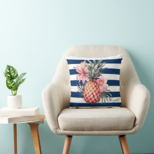 Hibiscus Ananas Tropisch,Marineblauw Gestreepd Kussen