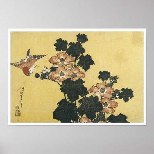 Hibiscus and Sparrow, Hokusai, 1833-34 Poster (Voorkant)