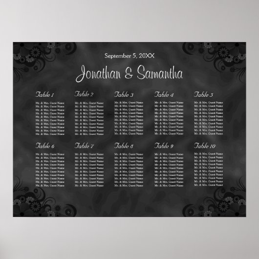 Hibiscus Black 10 Tables Wedding Seating Chart Poster (Voorkant)