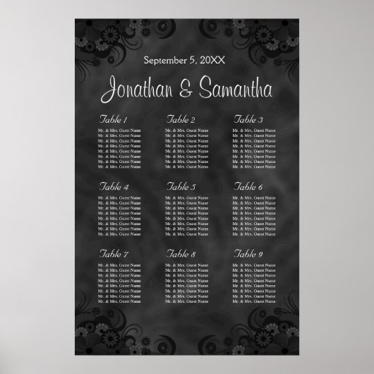 Hibiscus Black 9 Tables Wedding Seding Chart Poster (Voorkant)
