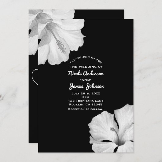 Hibiscus blanc Black Tropical Wedding Invitations (Devant / Derrière)