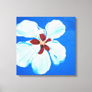 Hibiscus Bloem op Blauw Origineel Acryl Schilderen Canvas Afdruk