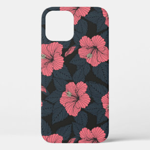 Hibiscus bloemen: donker naadloos behang. iPhone 12 hoesje