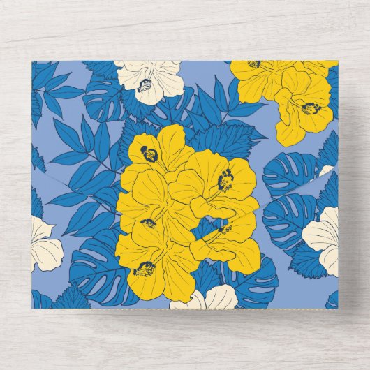 Hibiscus bloemen en bladeren all in one uitnodiging (Achterkant)