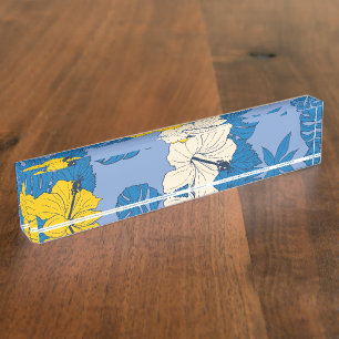 Hibiscus bloemen en bladeren naambordje