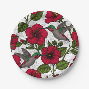 Hibiscus bloemen en kolibrie papieren bordje
